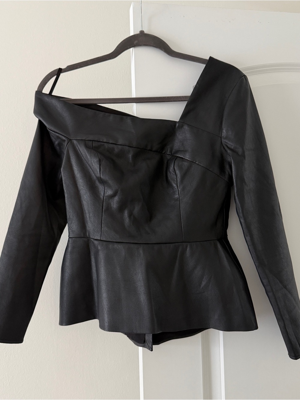 BCBG Women’s Black Asymmetrical Faux Leather Peplum Jacket